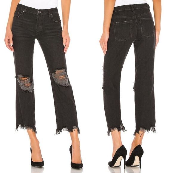 Free People We The Free 27 Black Distressed Frayed Mid Rise Maggie Straight Jean - Picture 2 of 15